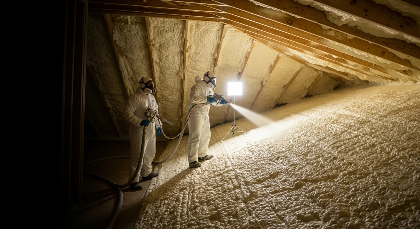 Spray foam insulation technician applying foam in a Frisco attic